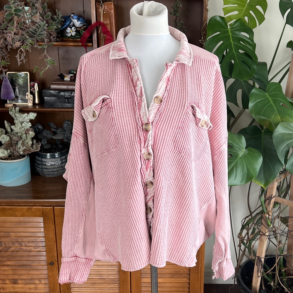 Free People Waffle Scout Arizona Pink Button-Up Shacket Jacket Top XS - Picture 2 of 11